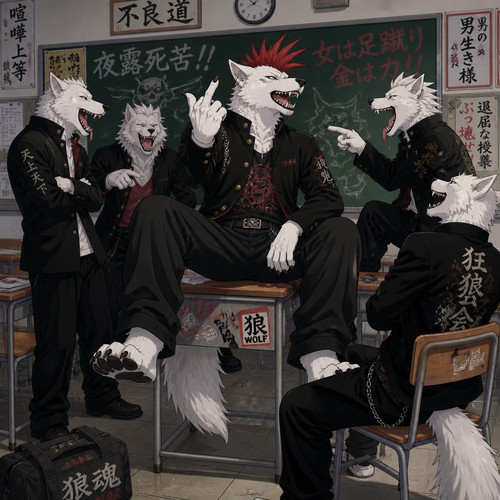 A high school aged delinquent white male dire wolf wearing a gakuran with a crimson spiked mohawk. He is sitting on a desk in the classroom surrounded by his friends, making crude gestures and laughing at a crude joke. Anime art style, full body.