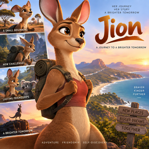 A female anthropomorphic kangaroo, animated version’s journey jion  