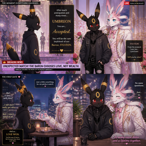 In a dating reality show (a well-made animated version) a non-rich half gothic grown Umbreon male is surprisingly unbelievably been accepted to become a boyfriend to this super rich grown Sylveon male as a Barron for not understanding why and doesn’t mind to lose. In an anthropomorphic universe. Never asks but been gifted. A good ending. Side and front view. A modern present day. Been asked on a date.