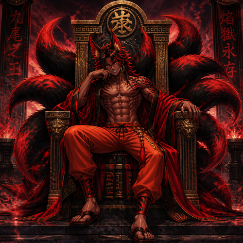 A demonic looking male red and black nine tailed fox wearing tight orange pants, no shirt showing a 16 pack of abs, a open red robe, sandals, and gold earrings. He is sitting on a Greek inspired throne with a wicked look on his face. Anime style art, solo, full body.