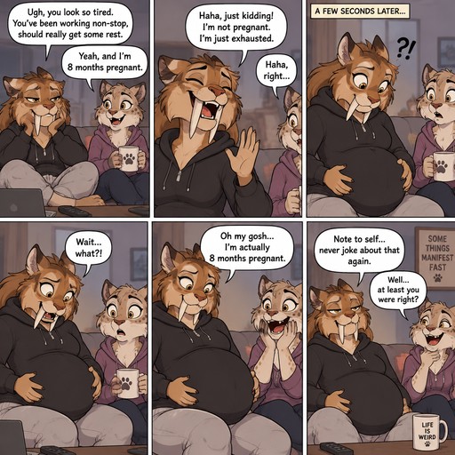 A multi panel comic strip about female anthropomorphic saber tooth tiger who says “yeah, and I’m 8 months pregnant” as a joke to something her friend said then suddenly becomes 8 months pregnant, animated version