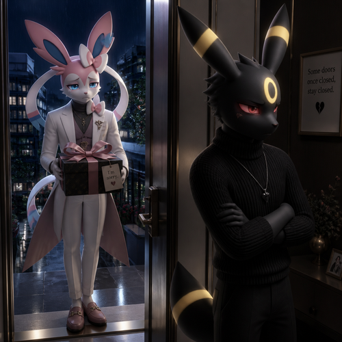 A sad rich male Sylveon, who came to see and offering a gift with a bow on it for apology, Still loves his male Umbreon that wears black sweater standing on a front door inside of his modern house very unhappy to see and still has a broken heart. In the anthropomorphic universe (well-made).