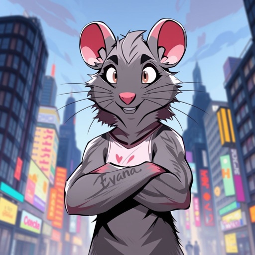 Without clothes anthropomorphic rat name Evan wearing a tattoo with his name on it