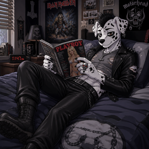 A high school aged male Dalmatian wearing leather pants, grey shirt with rips and tears showing some abs, leather jacket with short spikes, combat boots, and a short black Mohawk. Right ear is pierced with three skull shaped earrings, has a Mjölnir pendant around his neck and a skull ring with rubies for eyes on his right hand. Laying on his bed reading a playboy magazine. Anime art style, solo, full body.