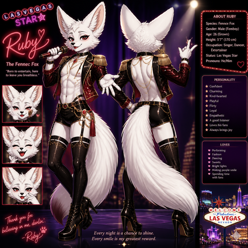 A well-made white furred fennec Fox male named Ruby, wears something attractive for entertainment for a show by self to dance/sing. Wears eyeliner and lipstick. Has a bushy tail. A grown femboy anthro. A star in Las Vegas. Well groomed. Front/back view. Animated verse. Has good personality.