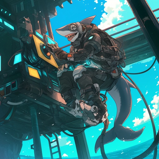 Sharktopus-anthro cyber-pirate hacking a futuristic submarine with tentacle-cables --niji 6