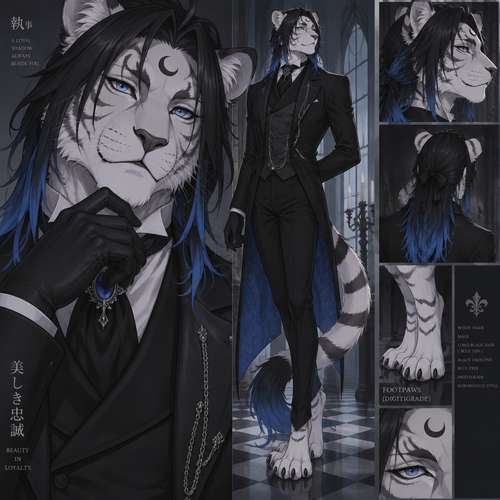 male, anthro, white tiger, long black hair with bright blue tips, black crescent on forehead, blue eyes, digitigrade footpaws, kuroshitsuji style