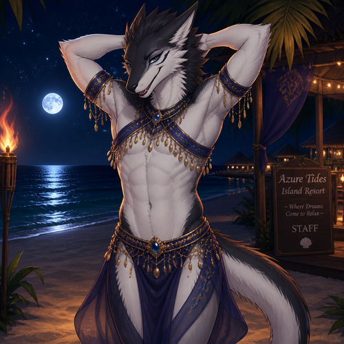 A homosexual adult male Sergal, doing a belly dancer, has good hips and a pretty smile, wears eyeliner, at the beach at night, and works at a resort on the island. Giving a flirting look. In an animated verse. A hidden bulge. Front view.
