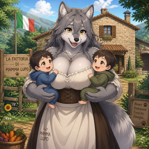 A well-made thick and busty adult anthropomorphic grey Wolf (female character) in Italy, who sees two baby boys (the twins) and decides to adopt them. Lives in a farm land alone in the woods. Anime version. Front view. Friendly. Being a mother Wolf.