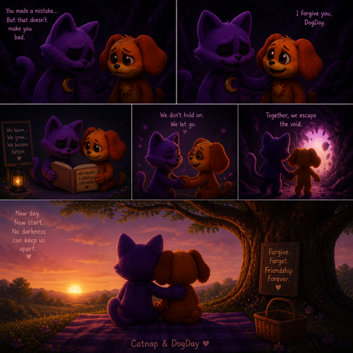 In a smiling critters verse, Catnap forgives DogDay, spending time together, learn from mistakes and forget, Escape the void of darkness, sits down on a blanket by the tree, and at the dawn shown.