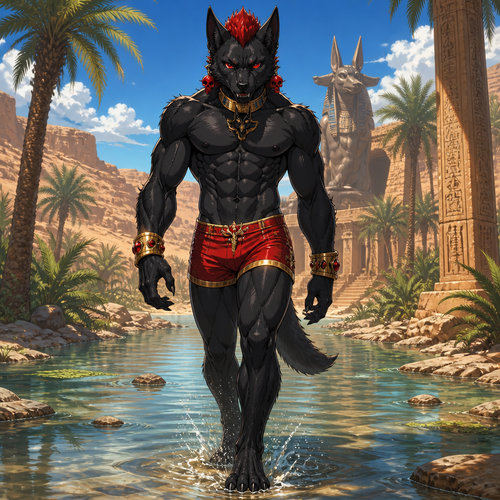 A high school aged male black dire wolf wearing Egyptian inspired red short shorts, shirtless showing off 16 pack of abs, gold bracelets with ruby gemstones inlaid in them, gold choker with a Anubis design on it, ruby earrings that look like skulls, and short red mohawk. He is aggressively walking through a Oasis located in the desert. Anime art style, solo, full body.