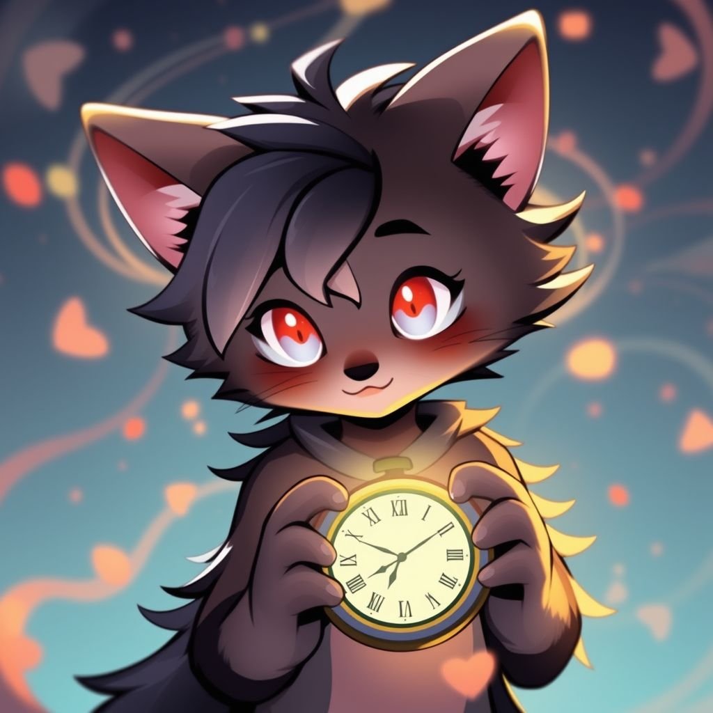 An anthro feline character staring at a glowing pocket watch, hypnotic swirls in the background, dreamy expression, white briefs, swirling void effect, whimsical cartoon vibe