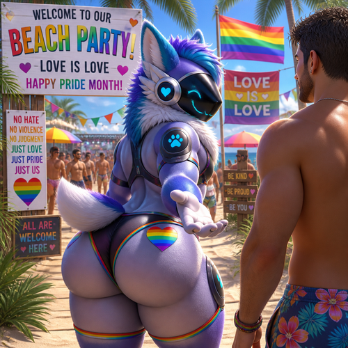 A well-made homosexual fluffy gay Protogen adult male character that wears a swimsuit and has thick thighs and a big round buttocks also has a short tail who’s invited a man into a party at the beach and has both nice views where love is love in pride month and there’s no hate and violence allowed.