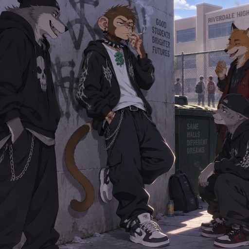 A middle school aged male monkey with a tail wearing a stereotypical American gang outfit with obsidian skull earrings, ruby rings on all fingers on his right hand, and an emerald dragon pendant on a tight spiked collar. He is behind the high school leaning against the wall smoking with friends. Anime art style, full body.