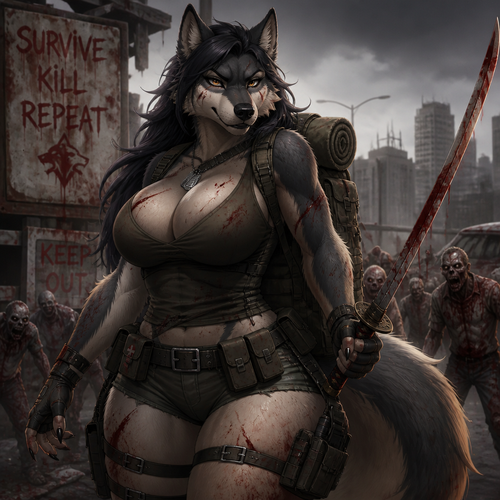 A busty well-made adult anthro wolf hound that has thick thighs and survival gear on and holding a saber sword for a blood thirsty zombie apocalypse.
