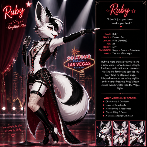 A well-made Black/white furred fennec Fox male named Ruby, wears something attractive for entertainment for a show by self to dance/sing. Wears eyeliner and lipstick. Has a bushy tail. A grown femboy anthro. A star in Las Vegas. Well groomed. Side view. Animated verse. Has good personality.