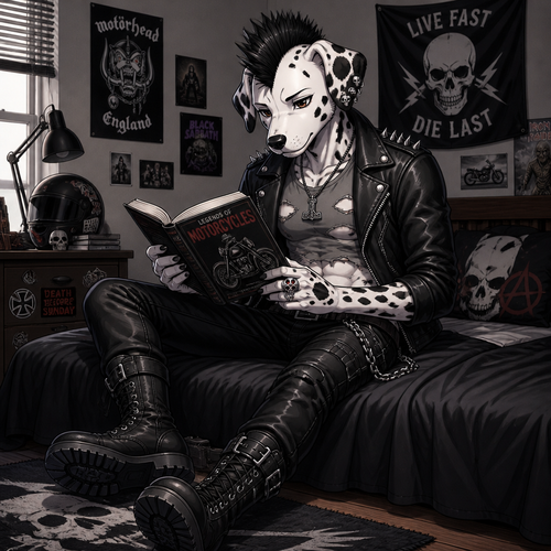 A high school aged male Dalmatian wearing leather pants, grey shirt with rips and tears showing some abs, leather jacket with short spikes, combat boots, and a short black Mohawk. Right ear is pierced with three skull shaped earrings, has a Mjölnir pendant around his neck and a skull ring with rubies for eyes on his right hand. Sitting on his bed reading a motorcycle book. Anime art style, solo, full body.