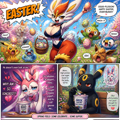 A busty well-made fluffy female Pokemon character, Cinderace. Who celebrates on today’s Easter Day and shouts, EASTER! And wrecking up a place like a crazy party gal while she knocked other terrified Pokemon by throwing eggs at them but A cute but creepy but a gay male Sylveon just as sad and irritating about being ignored by a male Umbreon while eating a healthy yogurt distracted and appreciated. All well-made characters. A dramatic and a funny comedy show. A comic views. Spring season. No mistakes.