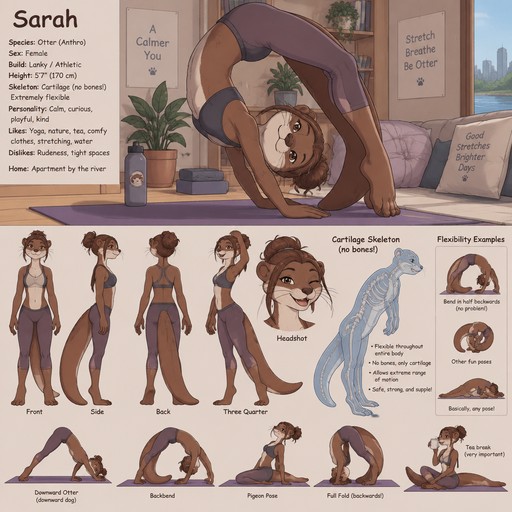 A lanky female anthropomorphic otter named Sarah, has a skeleton made of cartilage making her EXTREMELY flexible, is flexible enough to bend in half backwards, is at home doing yoga, reference sheet