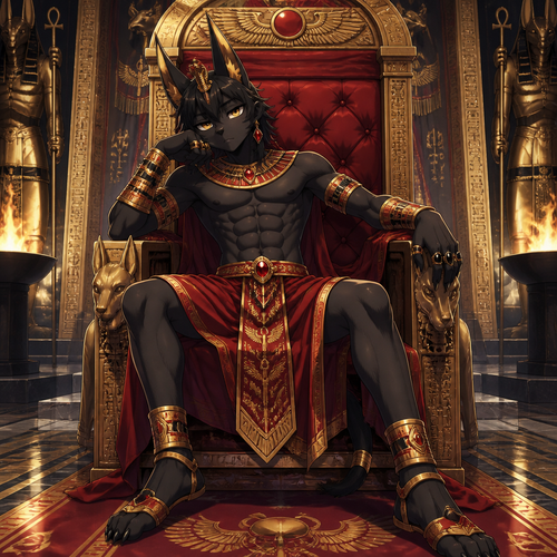A middle school aged male anthropomorphic jackal with 16 pack of abs wearing an red colored Egyptian prince outfit with gold bracers, ruby earrings, and obsidian rings but no shirt. He is sitting on a throne bored. Anime art style, full body.