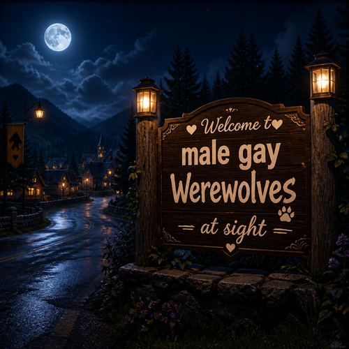 In a middle of a night, A friendly sign says; male gay Werewolves at sight. Well-made view.