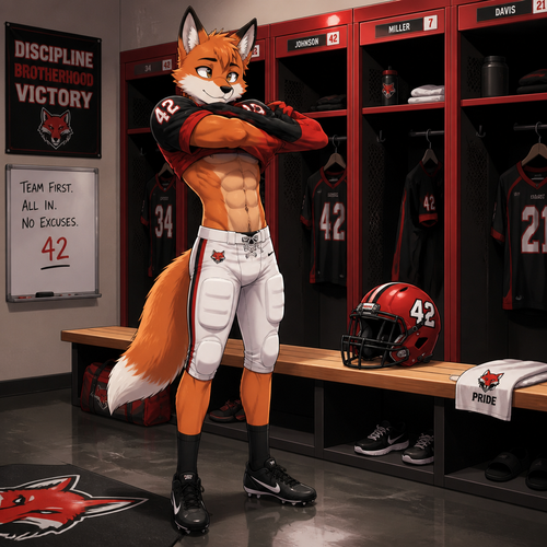 A teenage male fox wearing white football pants, black football shoes standing in the locker room putting on a red and black football jersey. We can see 6 pack of abs as he is putting on the jersey while looking over his shoulder. On a bench between the football lockers lies a red and black helmet with the number 42 on the sides. Anime style, full body.