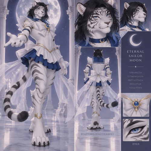 male white tiger anthro, black hair to the shoulders with blue tips, blue eyes, digitigrade footpaws, slim, eternal sailor moon outfit
