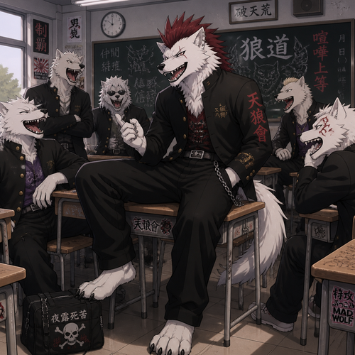 A high school aged delinquent white male dire wolf wearing a gakuran with a crimson spiked mohawk. He is sitting on a desk in the classroom surrounded by his friends laughing at a perverted joke. Anime style, full body.