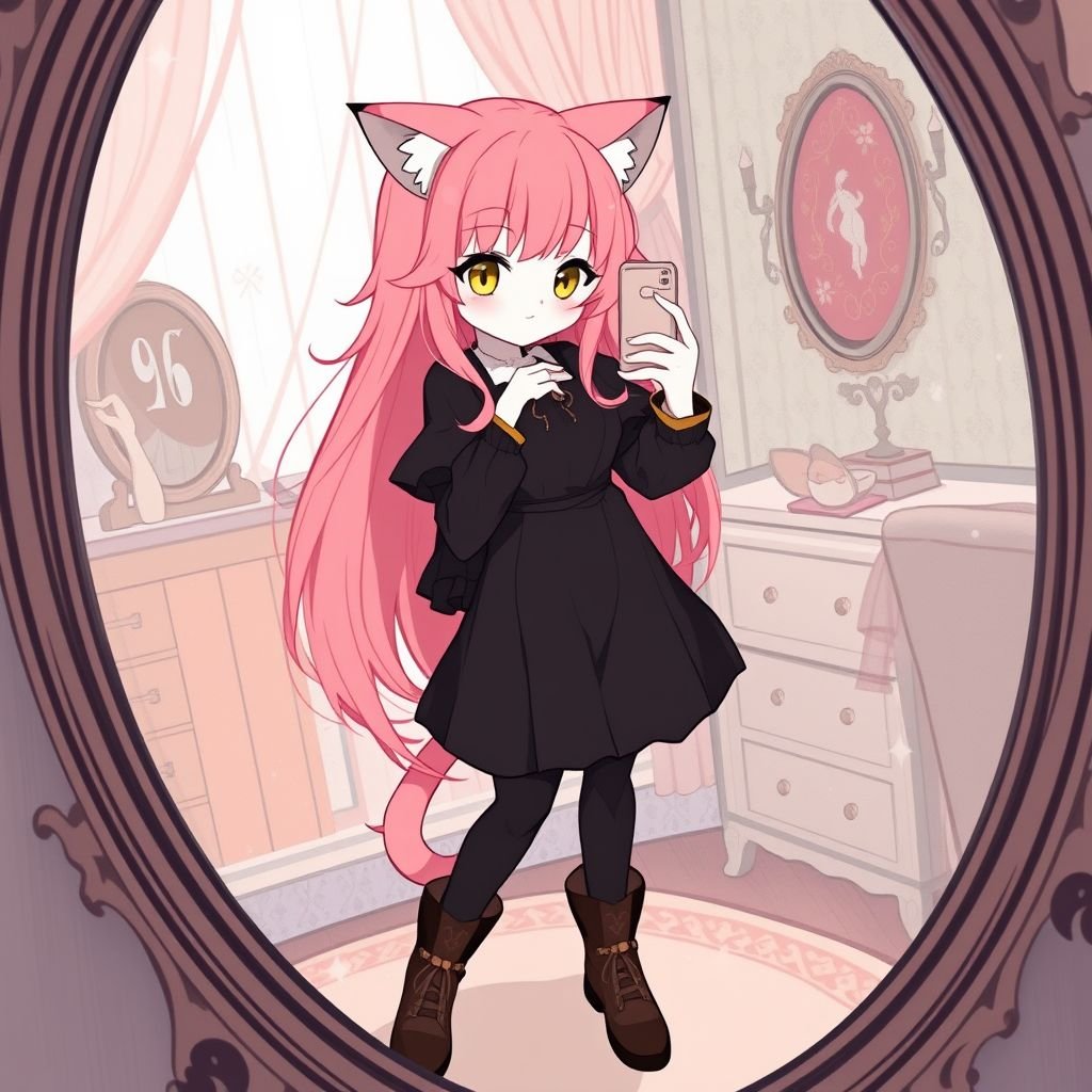Pink cat girl with pink longhair, white lower face, white inside hands, yellow eyes and in Black dress, black tights and brown boots blushing and making selfie on the mirror