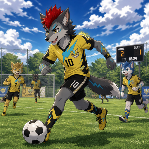 A middle school aged male dire wolf wearing Zeraora themed soccer uniform, short red mohawk hairstyle. He is out on a soccer field during a partly cloudy day, playing a game of soccer with his friends. Anime art style, full body.