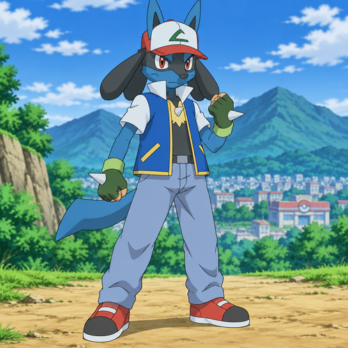 A male Lucario wearing Ash Ketchum’s outfit from the Indigo league. Anime art style, solo, full body.