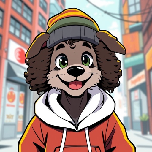 Curly dog wearing a beanie and hoodie