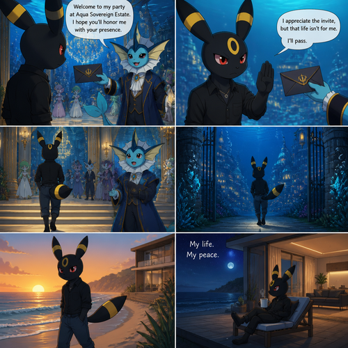 A non-rich grown Umbreon male reject the envelope of a billionaire Vaporeon’s welcoming party at the underwater city mansion. Lives on a small modern house at the beach. Well-made animated version.