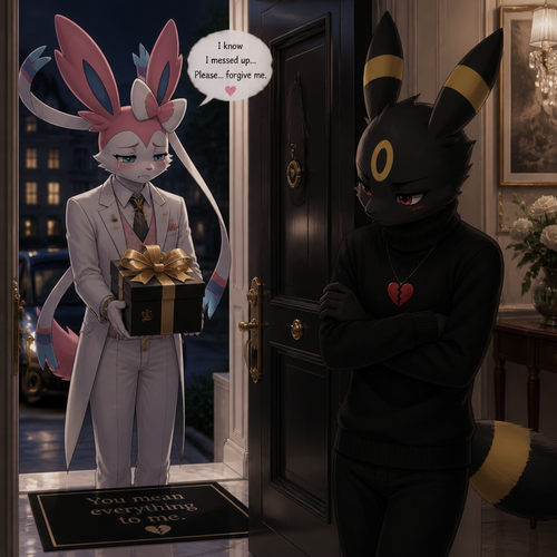 An ashamed rich male Sylveon, who’s offering a gift with a bow on it for apology, Still loves his male Umbreon that wears black sweater standing on a front door inside residence unhappy to see and still has a broken heart. In the anthropomorphic universe (well-made).