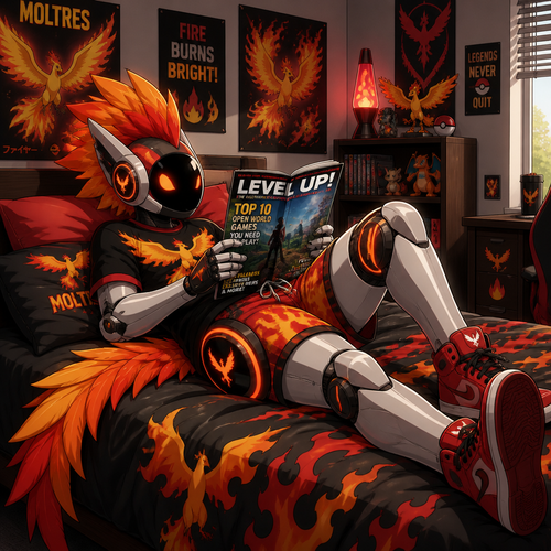 A middle school aged male protogen phoenix mostly machine wearing Moltres themed shirt, fire themed shorts, red high top shoes, and a plumage mohawk hairstyle. He is laying on his bed reading a gaming magazine. Anime art style, solo, full body.