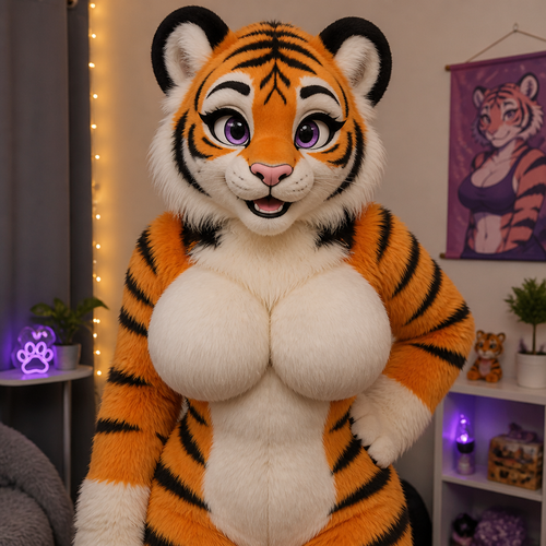 fursuit of a female tiger. Make sure the fursuit looks furry and fluffy. I want her to be looking forward. Make sure the female fursuit have big boobs to them to give it a female look to the fursuit.