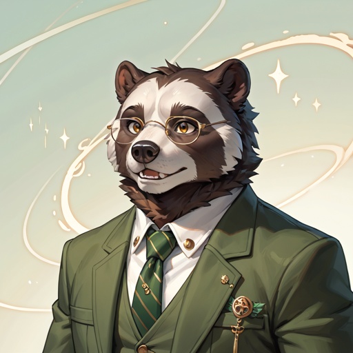 Anthro badger wearing a brown tunxedo with skinny gold lines, with a green tie, and has small circular glasses.