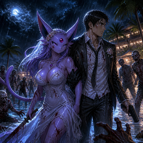 In this reality, at the wedding right before everything was perfect but then after the zombies came crashed and ruined the party became a blood bath. A busty adult female Espeon the bride and her adult human groom as husband and wife stand bye side together and face the living dead at night. A well-made anime version. A modern life. On a tropical island resort. Gotten all wet by the rain. Front/side view. Love and support each other.