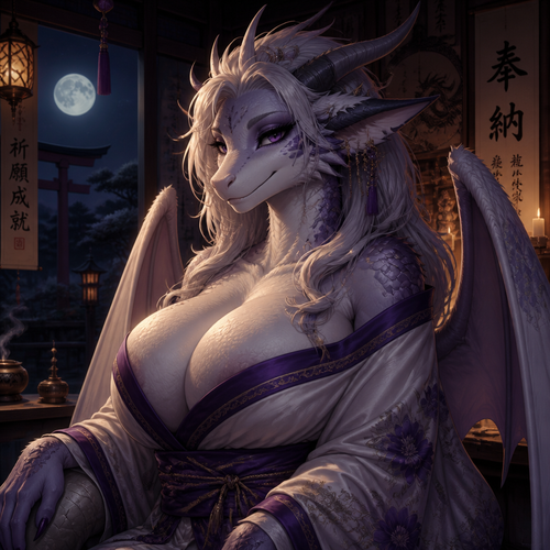 A busty well-made female furred lung dragon character that wears a robe who lives in a shrine at night.