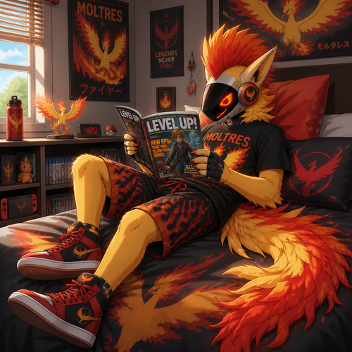 A middle school aged male protogen phoenix wearing Moltres themed shirt, fire themed shorts, red high top shoes, and a plumage mohawk hairstyle. He is laying on his bed reading a gaming magazine. Anime art style, solo, full body.