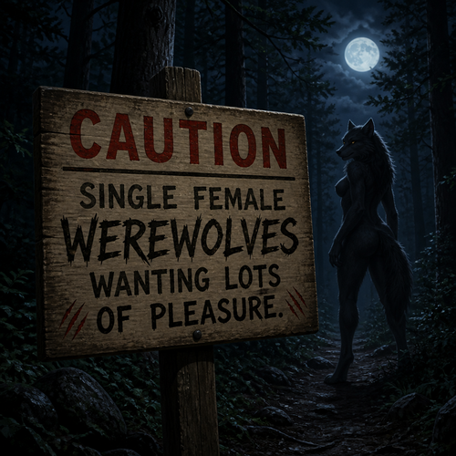 In a forest at night, a warning sign says; caution, single female Werewolves, wanting lots of pleasure.