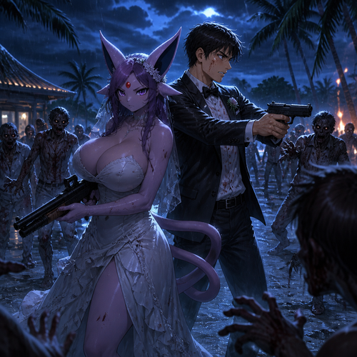In this reality, at the wedding right before everything was perfect and happy but then after the zombies came crashed and ruined the party became a blood bath. A busty adult female anthro Espeon (originally) the bride and her human groom as husband and wife stand together and face the living dead at night. A well-made anime version. A modern life. On a tropical island. Gotten all wet by the rain.
