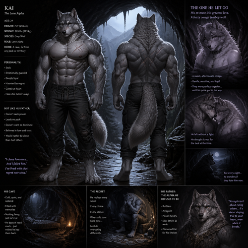 The well-made big and buff alpha male grey wolf tribe at front/rear view who lives in a cave all alone with no pack and misses his ex-mate (a grown male femboy fuzzy omega grey wolf tribe) sadly depressed and have regrets also is nothing like his arrogant father the alpha.