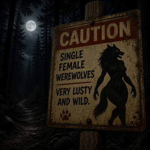 In a forest at night, a warning sign says; caution, single female Werewolves, very lusty and wild.