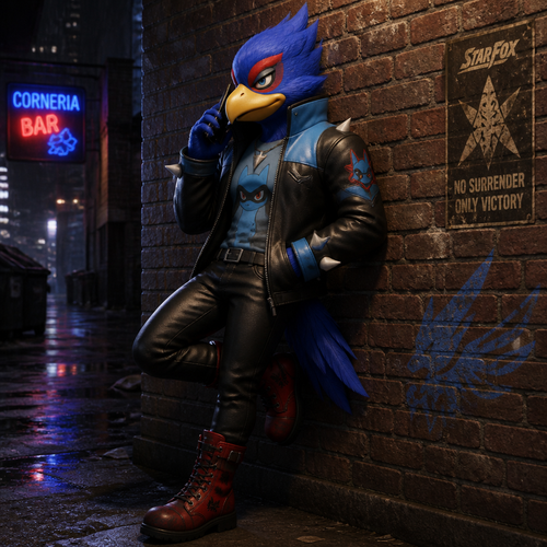 Falco Lombardi wearing a Lucario style leather jacket with a Riolu style shirt underneath it, tight black leather pants and red combat boots. He is leaning against a brick wall talking with someone on his cellphone.