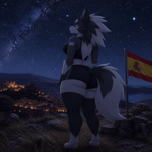 A well-made transgender Pokemon character, a Lycanroc midnight form. Has thick thighs and a bushy tail. Alone in a hill at night. Looking at the stars. In Spain.