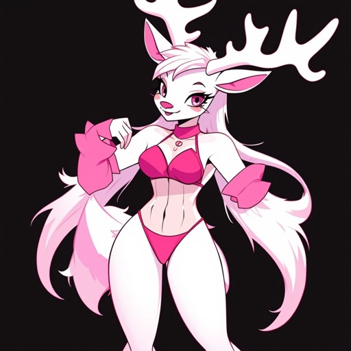 Anthropomorphic albino deer, full body, wearing pink and white arm warmers and leg warmers and a pink jockstrap, black background, 