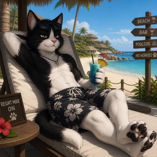 A anthro Cat with black/white fur just relaxing at the beach on a resort.
