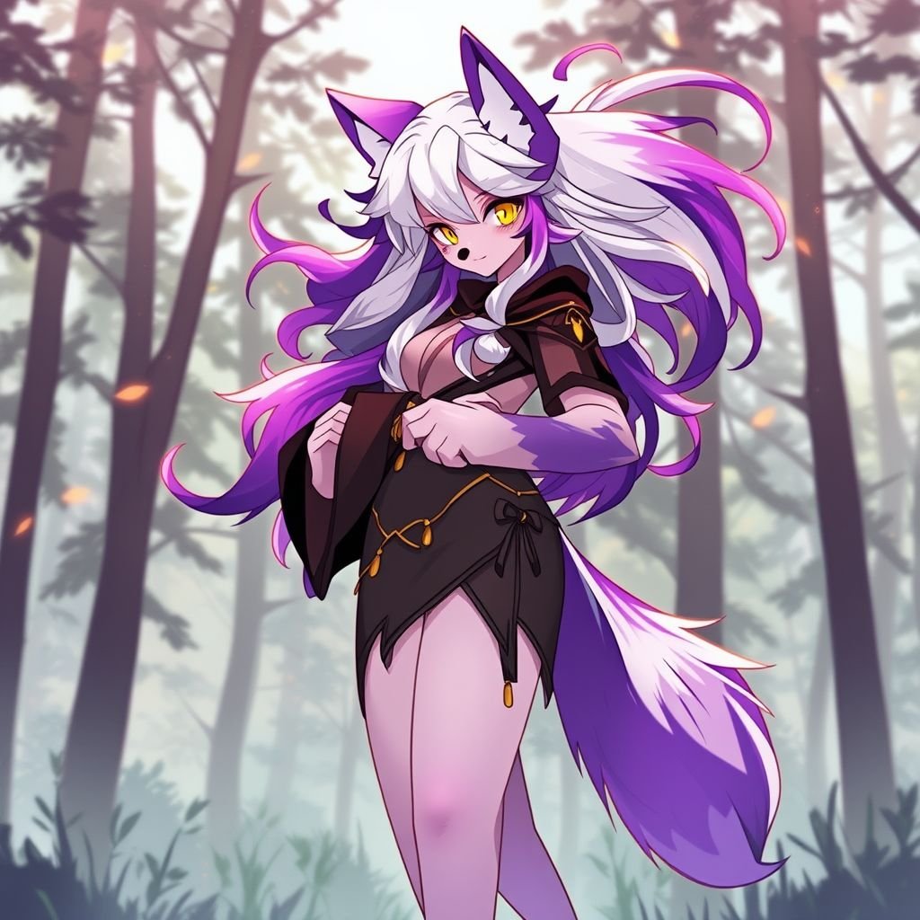 Wolf, purple fur, white hair, yellow eyes, long purple and white tail, long snout, female