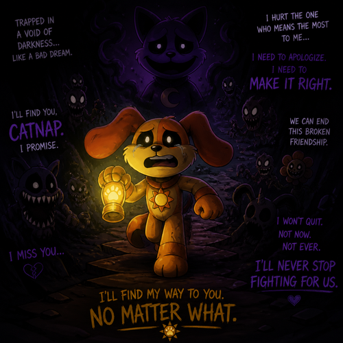 In Smiling critters verse, DogDay is here and must find his true soulmate Catnap, wants to apologize for how sorry and set things right. Trapped Into a void of darkness like a bad dream. Wants to end A broken friendship. Fight through the horrifying threats alone. Missis and won’t quit.